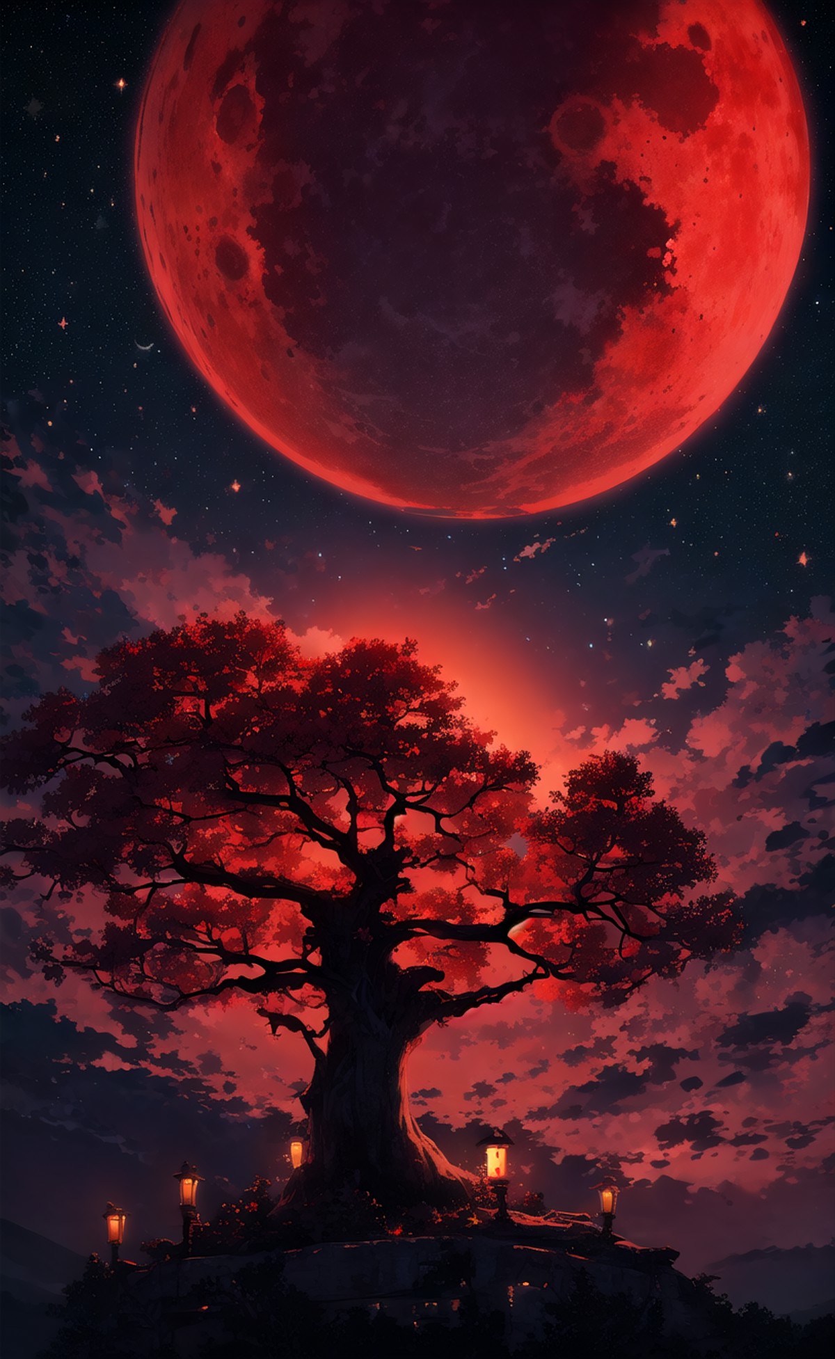 masterpiece, best quality, night, red moon, stars, clouds, tree,